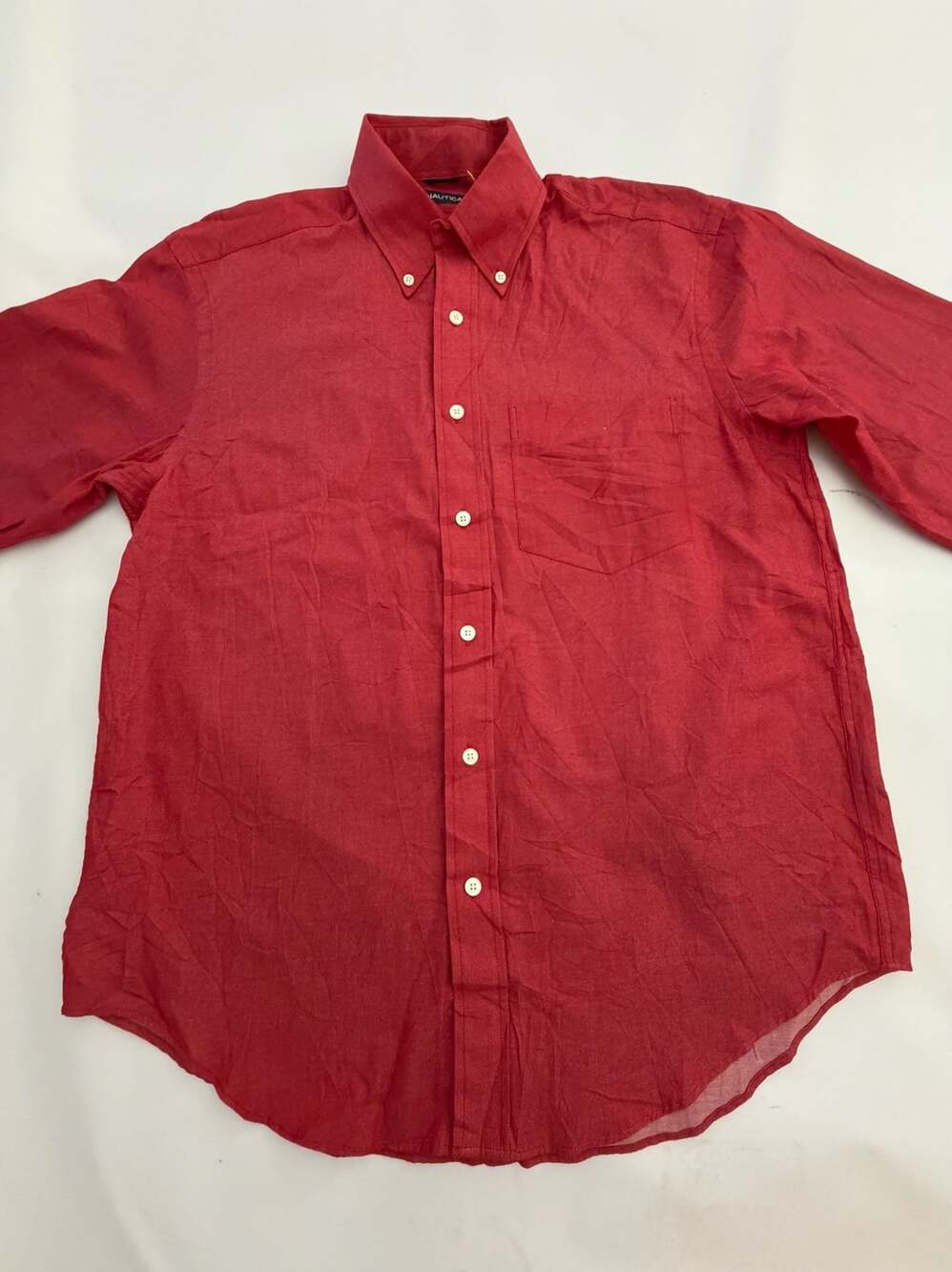 Nautica Button Down Shirt M Red Solid Cotton Long Sleeve Y2K Preppy